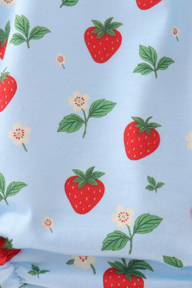 Blue Strawberry Embroidered Ruffle Bow Bubble - Image 4