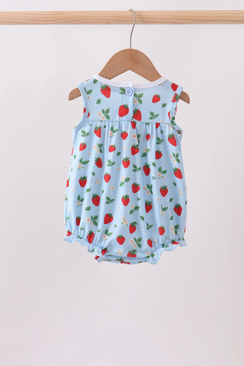 Blue Strawberry Embroidered Ruffle Bow Bubble - Image 5