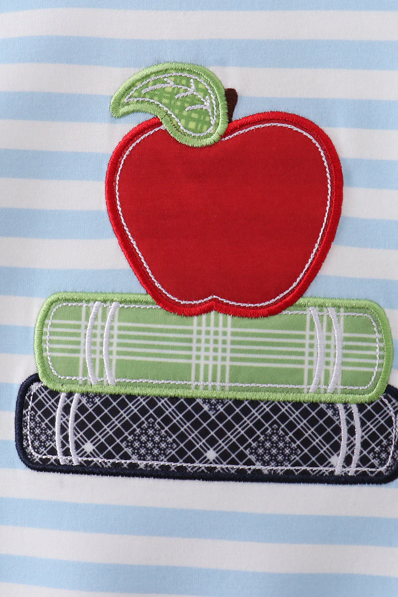 Blue Stripe Apple Book Appliqué Romper - Image 2