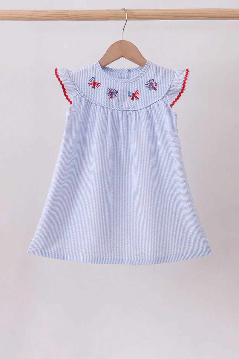 Blue stripe bow fireworks embroidery ruffle dress