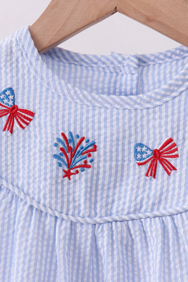 Blue stripe bow fireworks embroidery ruffle dress - Image 2