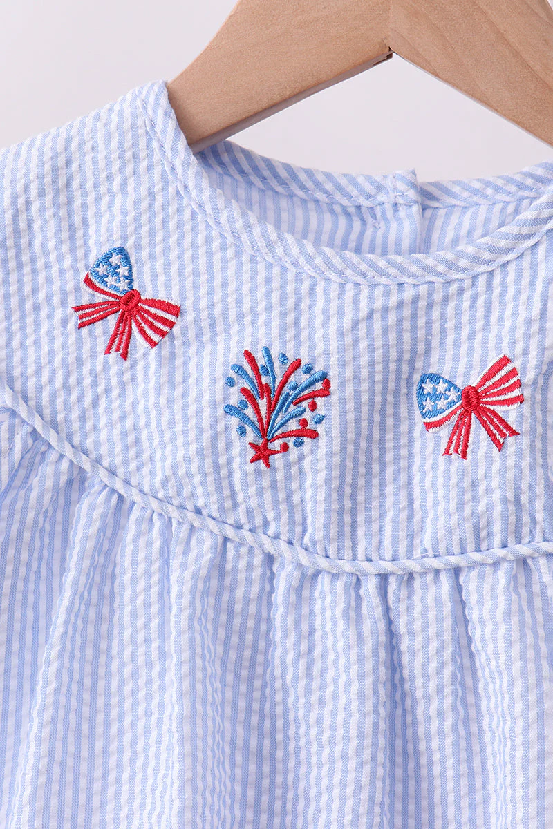 Blue stripe bow fireworks embroidery ruffle shorts set - Image 2