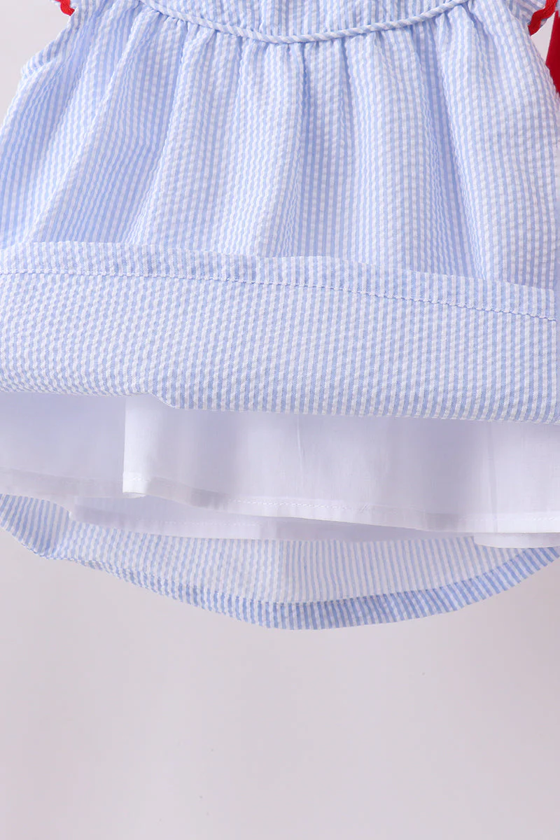 Blue stripe bow fireworks embroidery ruffle shorts set - Image 4