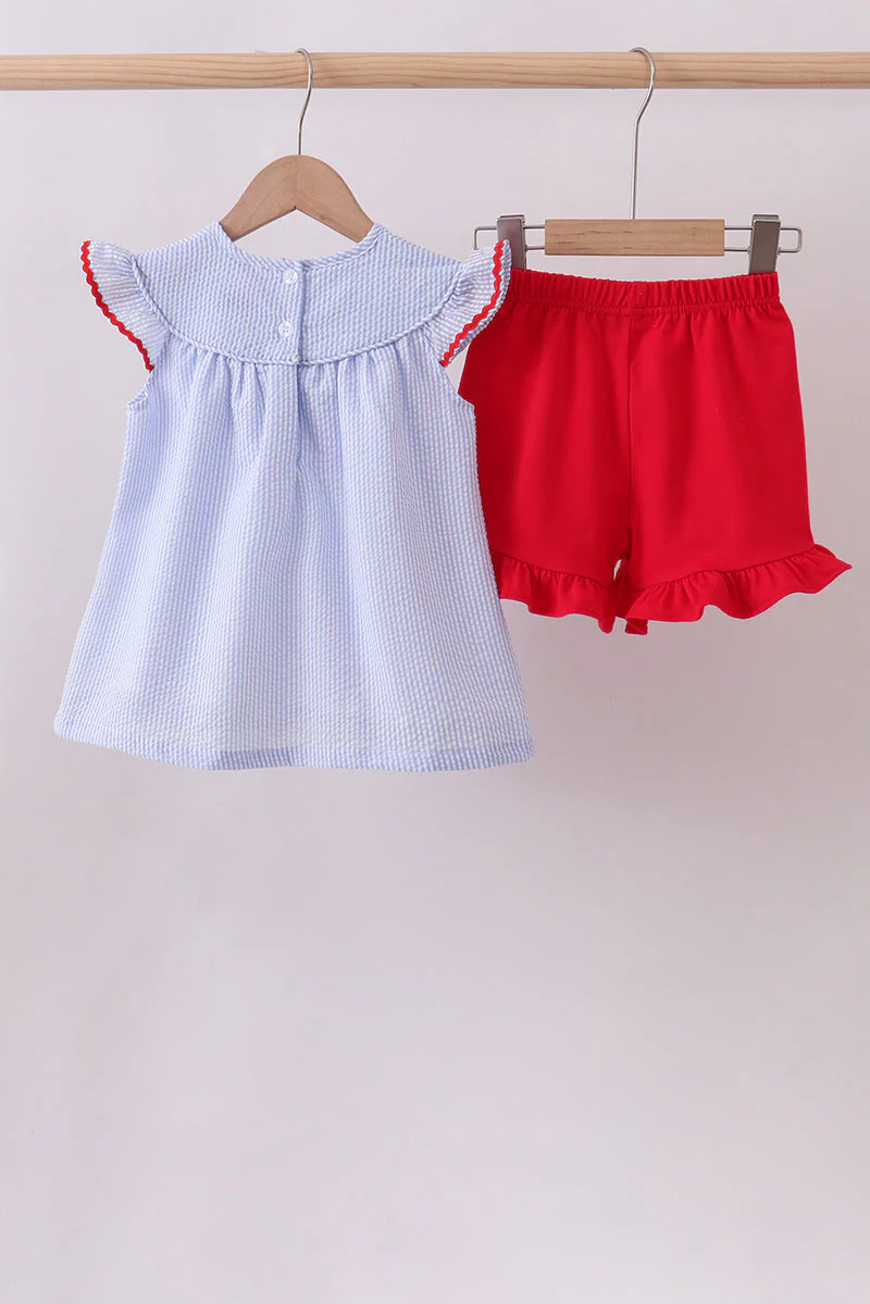 Blue stripe bow fireworks embroidery ruffle shorts set - Image 5