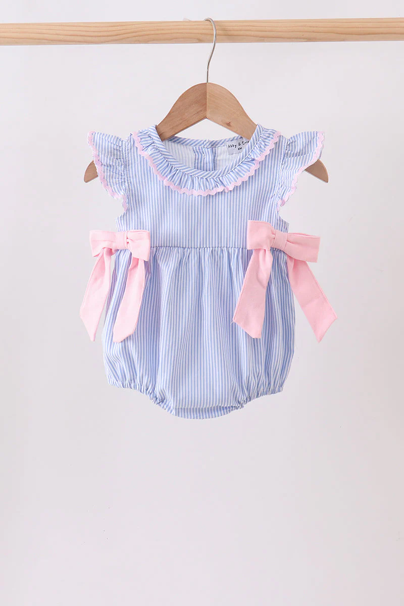 Blue Stripe Bow Seersucker Ruffle Bubble