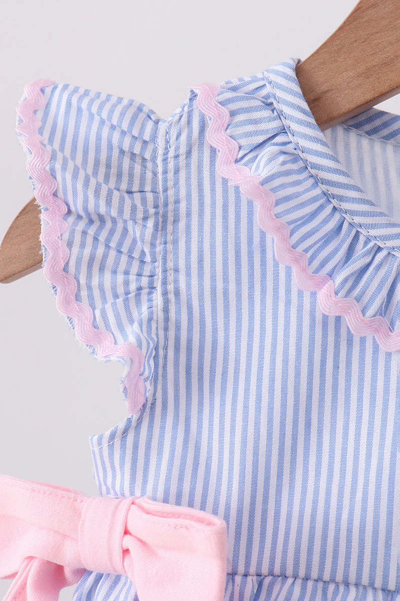 Blue Stripe Bow Seersucker Ruffle Bubble - Image 2