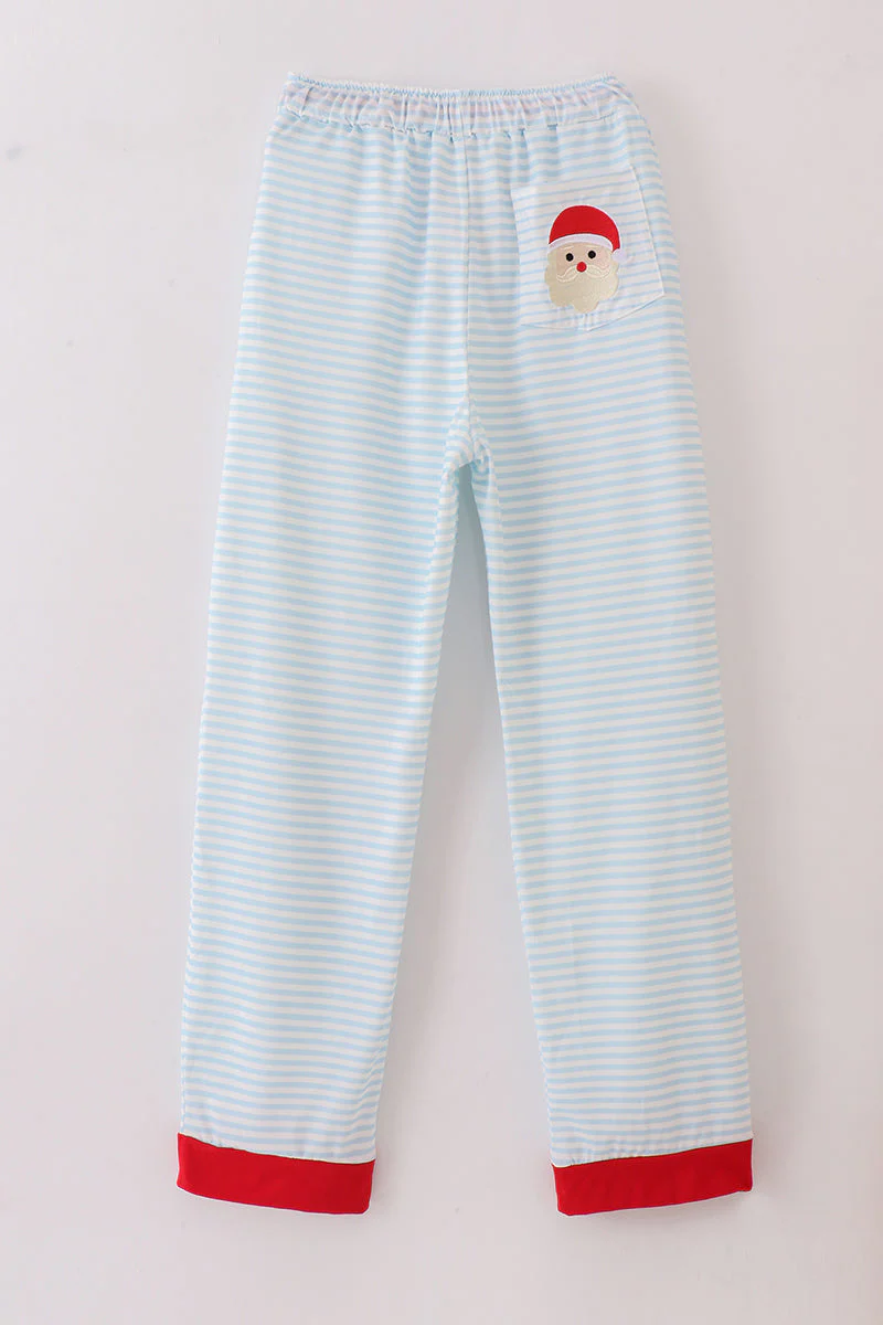 Blue stripe christmas santa claus embroidery men pajamas pants - Image 4