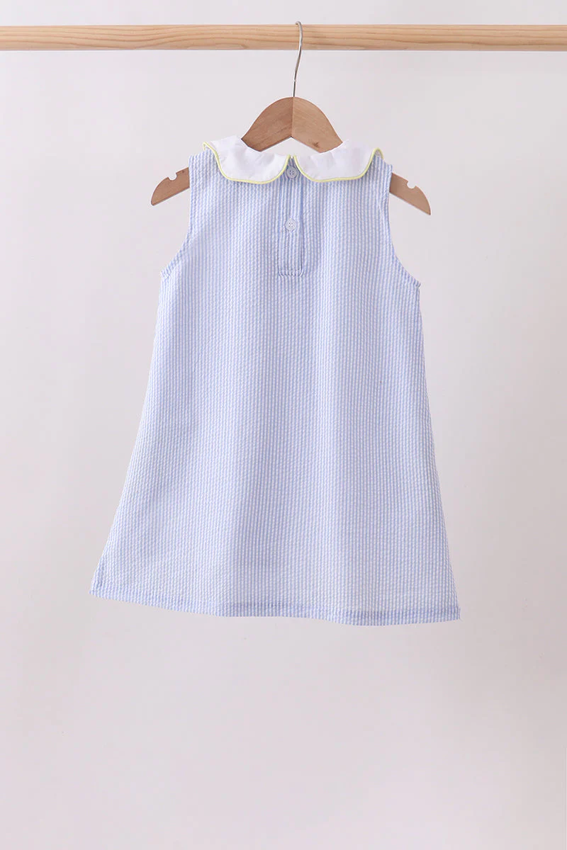 Blue stripe seersucker lemon applique dress - Image 3