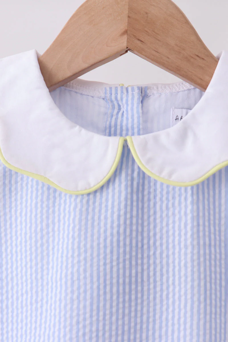 Blue stripe seersucker lemon applique dress - Image 4