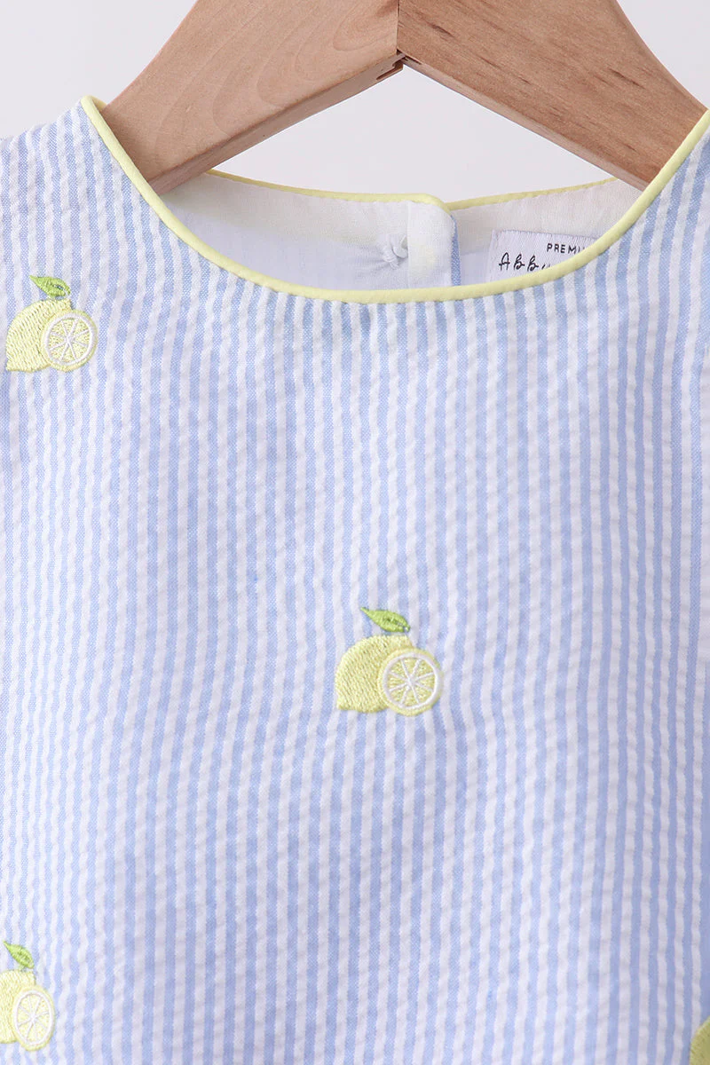 Blue stripe seersucker lemon embroidery scalloped bloomer set - Image 2