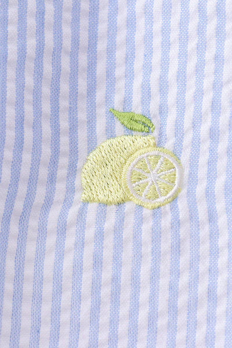 Blue stripe seersucker lemon embroidery scalloped bloomer set - Image 3