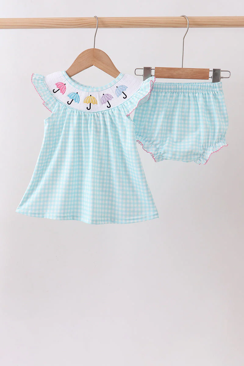 Blue Umbrella Smocked Bloomer Set