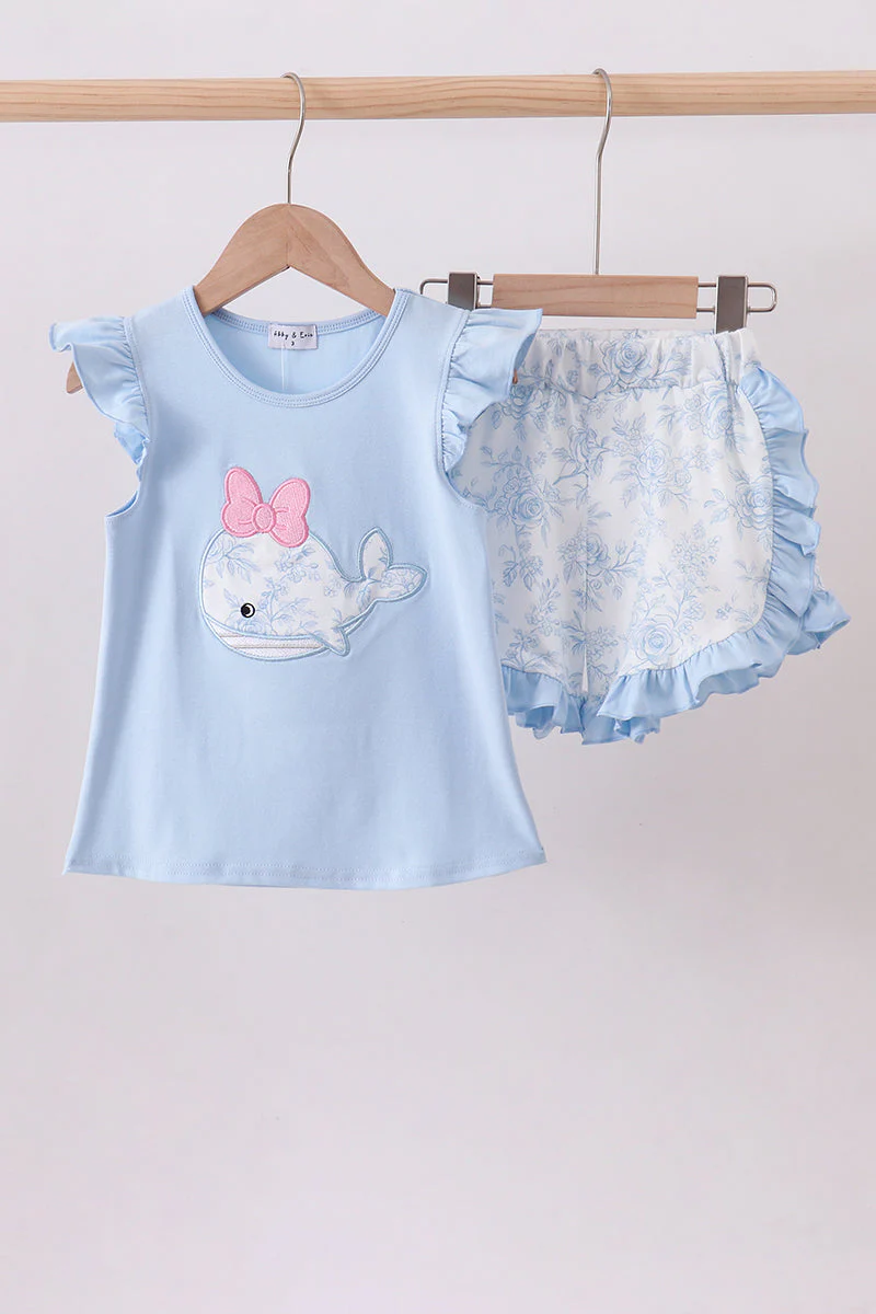Blue Whale Applique Ruffle Shorts Set