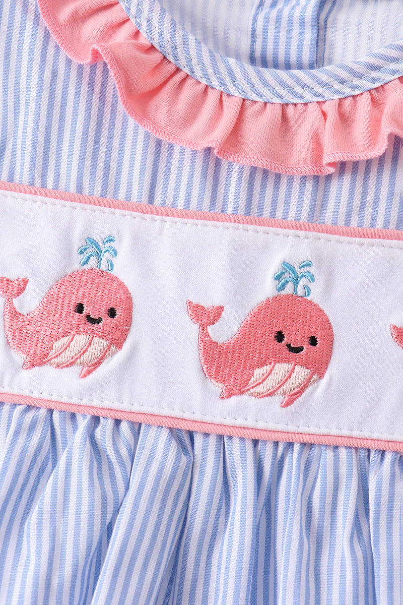 Blue Whale Embroidered Seersucker Bloomer Set - Image 2