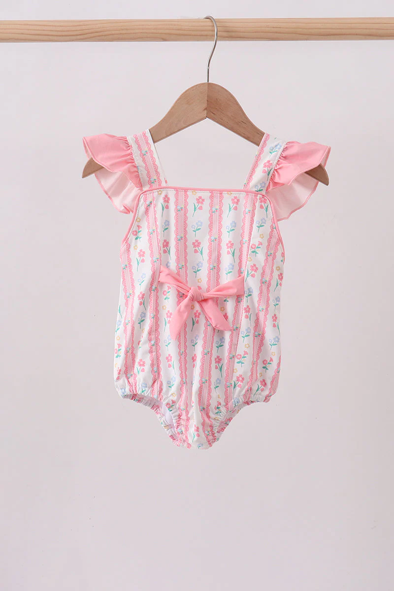 Blush floral print ruffle bow swimsuit