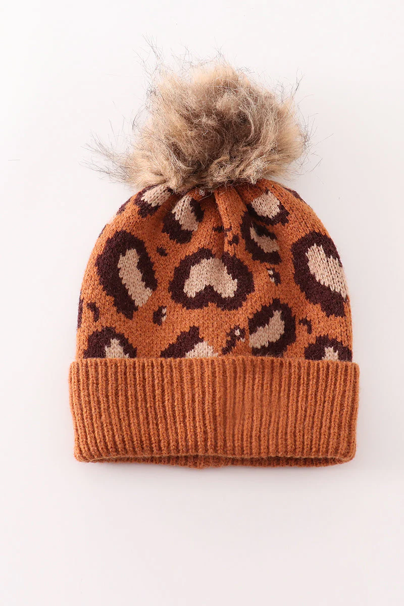 Brown pompom leopard cable beanie hat - Image 2