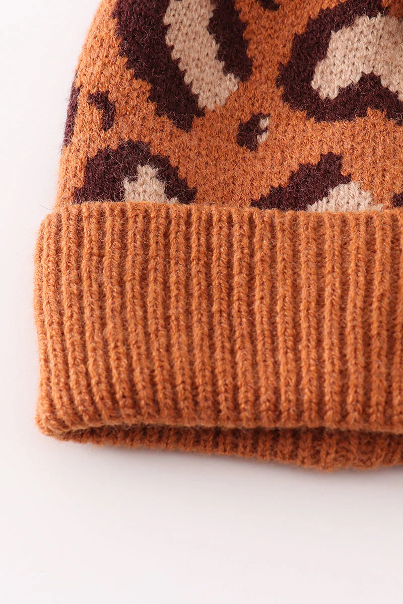 Brown pompom leopard cable beanie hat - Image 5