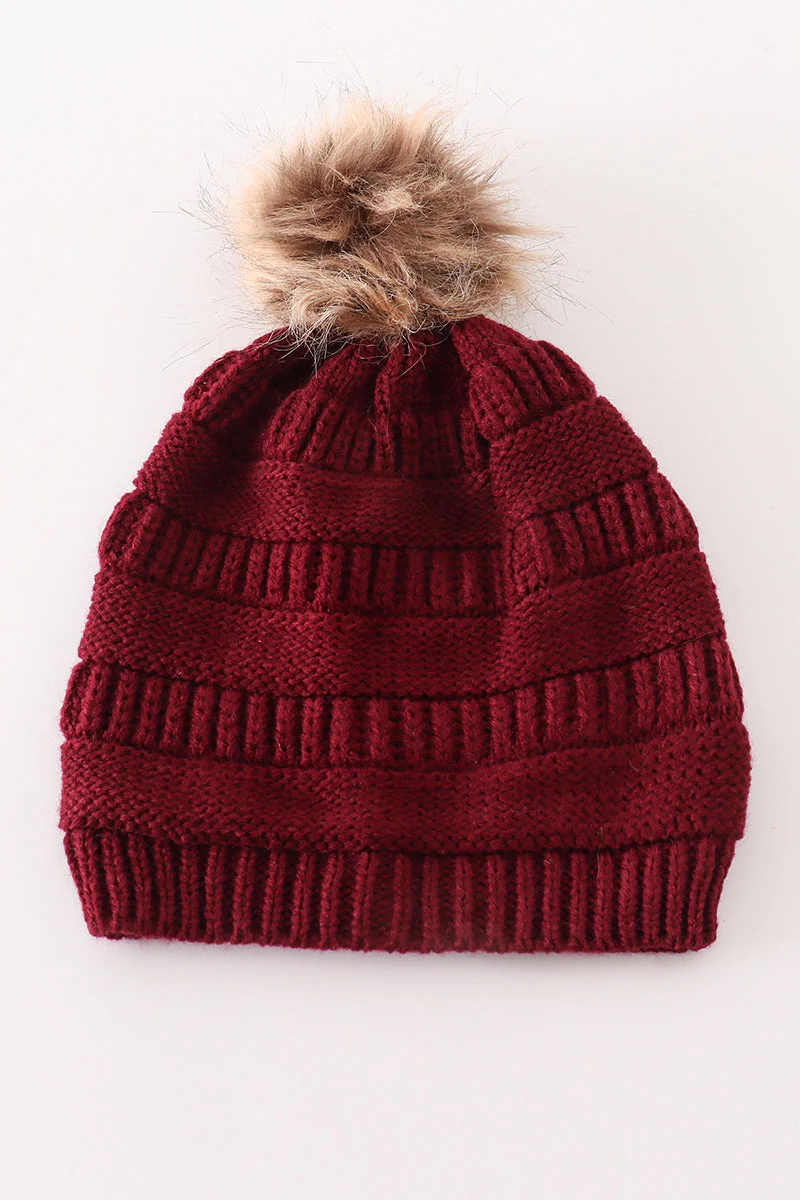 Burgundy pompom cable beanie hat - Image 3