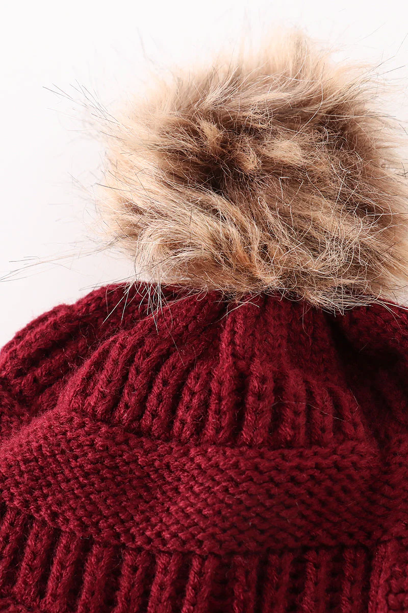Burgundy pompom cable beanie hat - Image 4