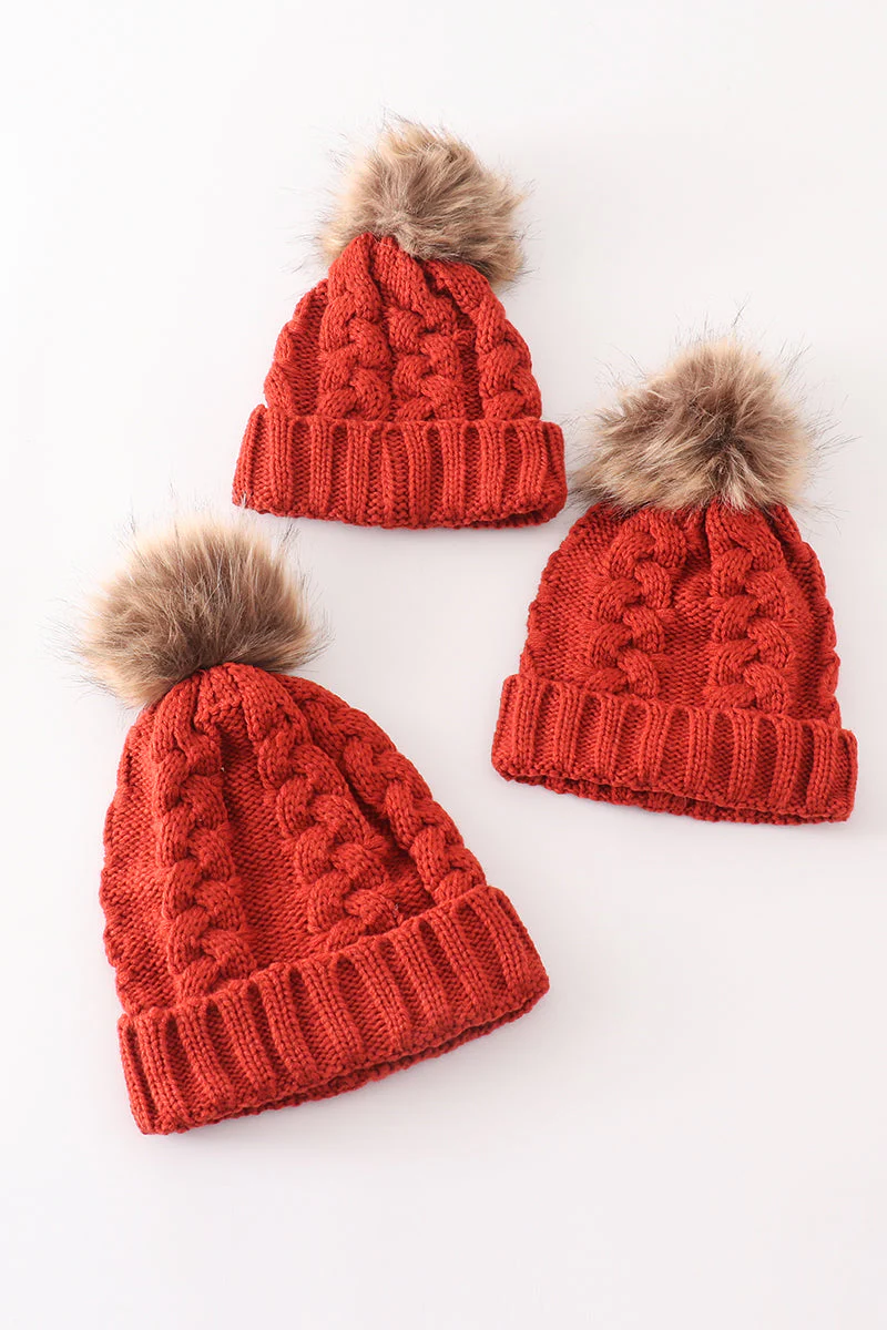 Caramel pompom cable beanie hat