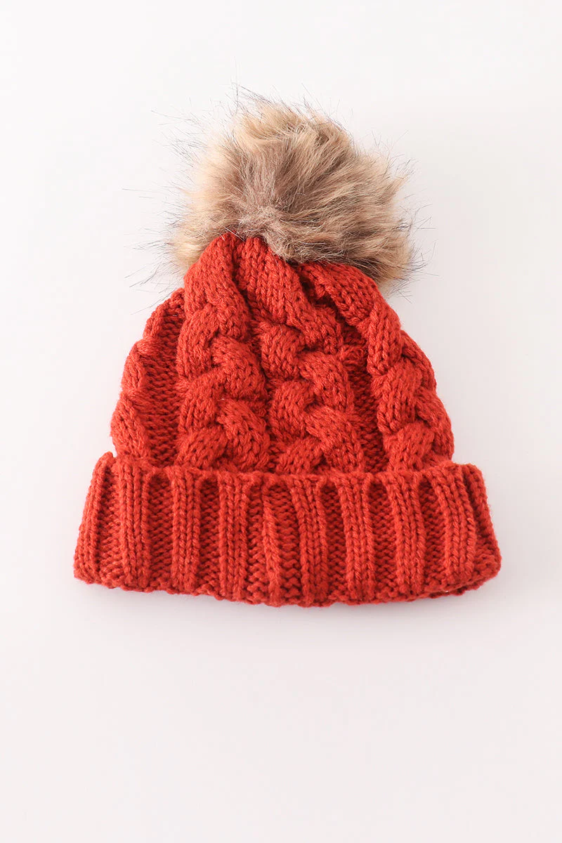 Caramel pompom cable beanie hat - Image 2