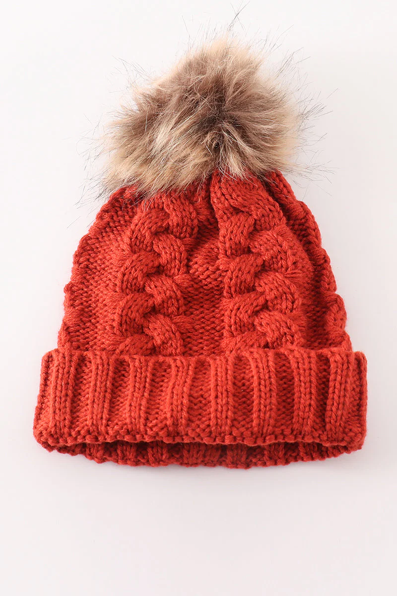 Caramel pompom cable beanie hat - Image 3