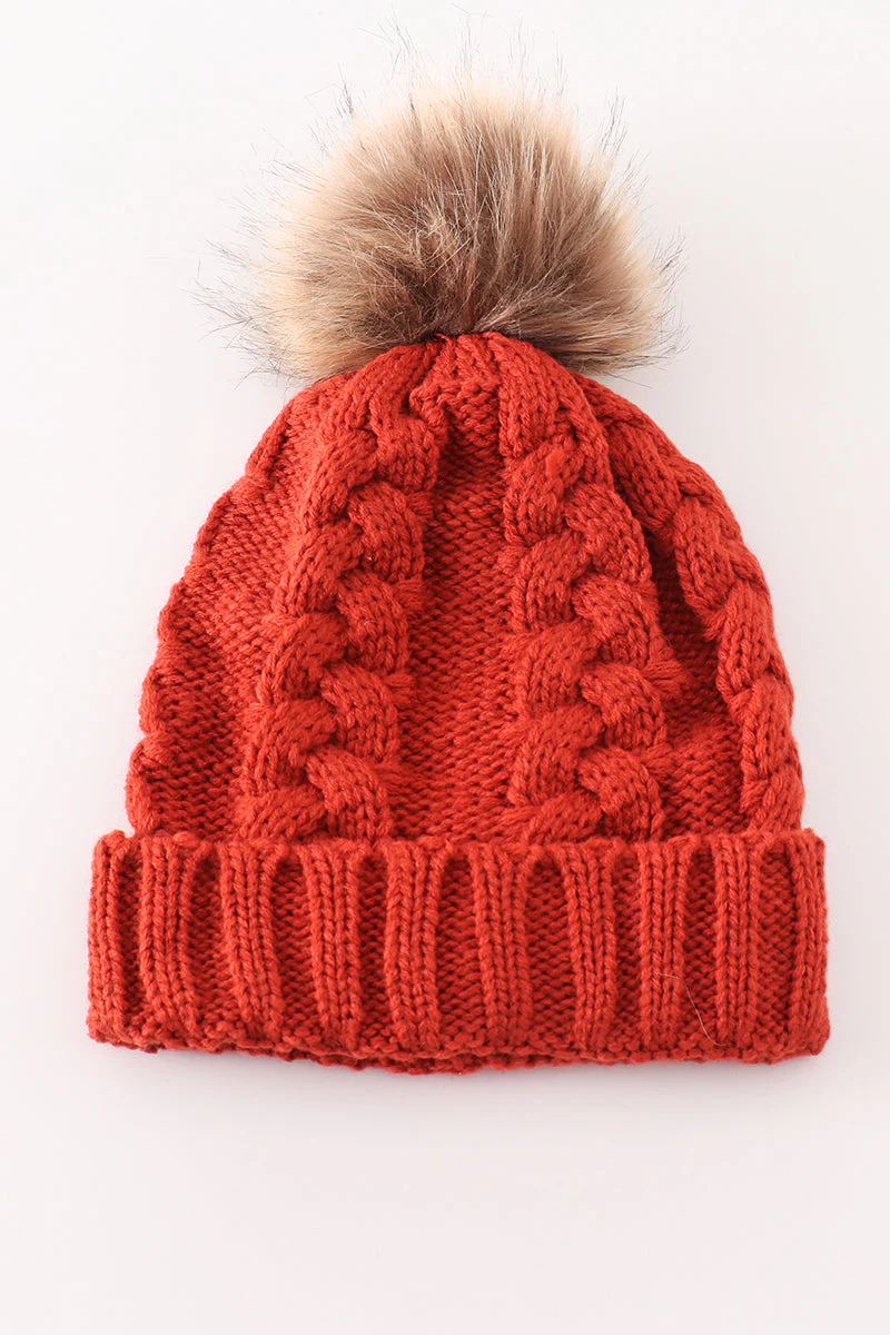 Caramel pompom cable beanie hat - Image 4