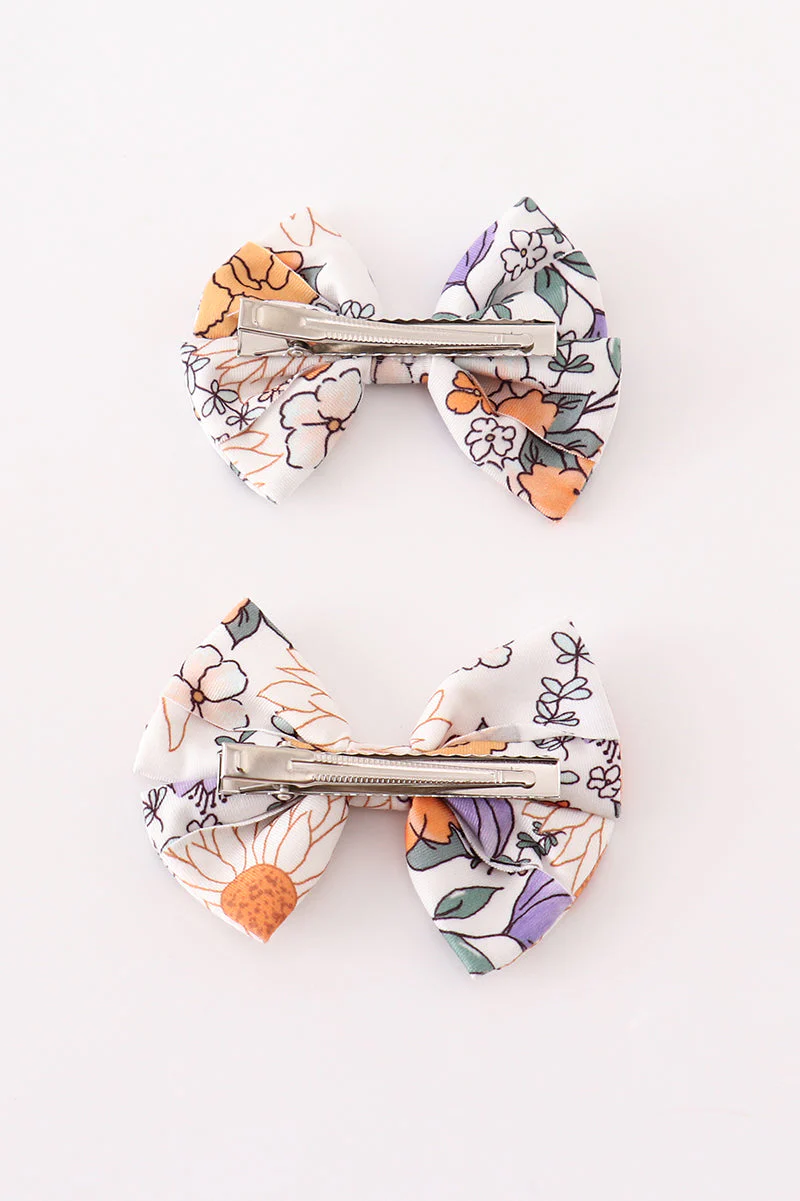 Coral floral print 2pcs piggie hair bow - Image 3