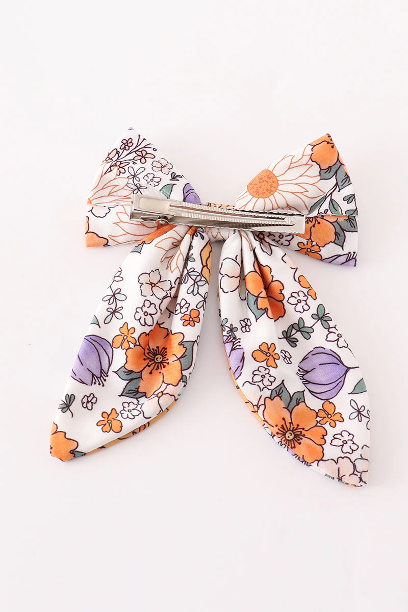 Coral floral print hair sailor bow - Image 3