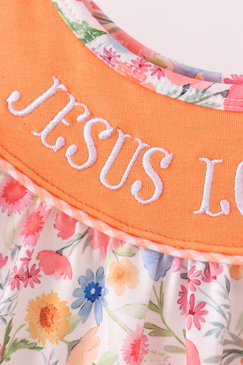Coral Jesus Loves me Embroidered Floral Ruffle Dress - Image 2