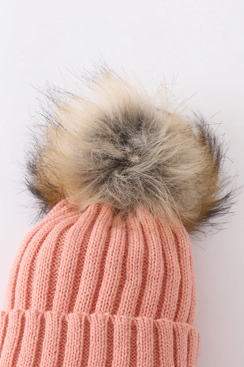 Coral Pink knit pom pom beanie hat baby toddler adult - Image 3