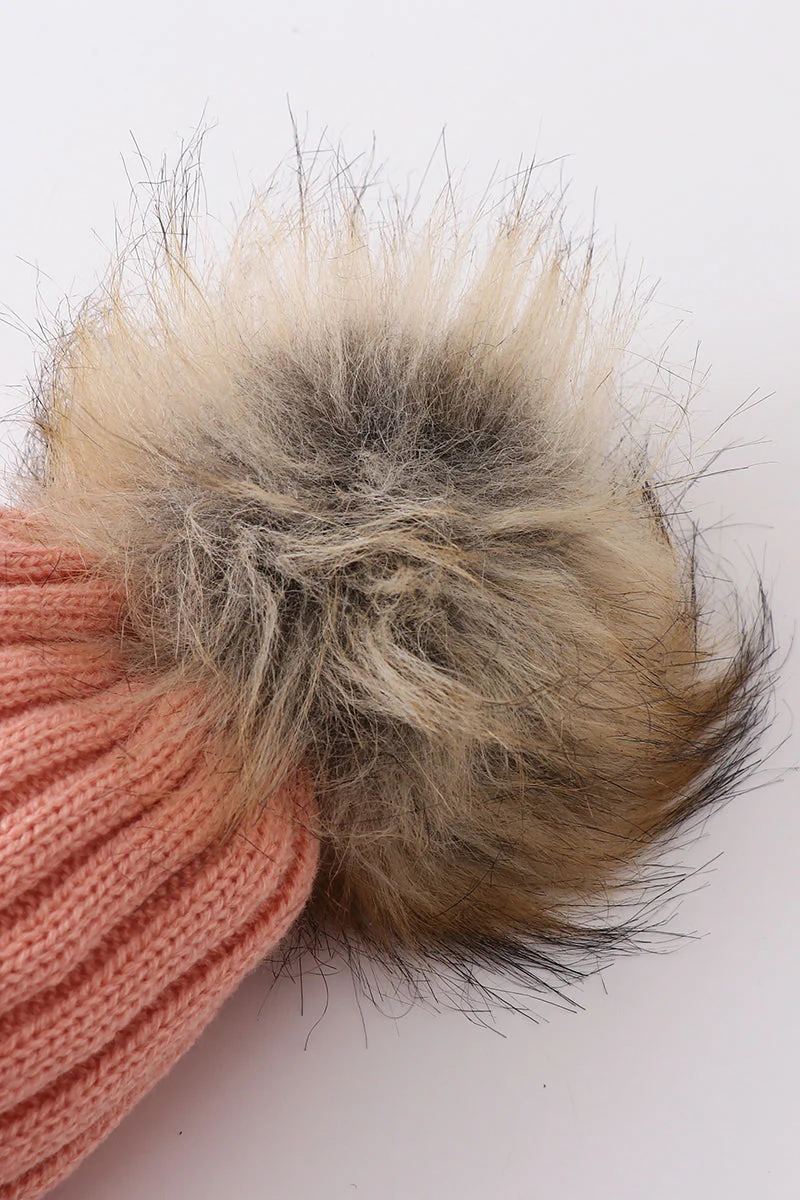 Coral Pink knit pom pom beanie hat baby toddler adult - Image 5