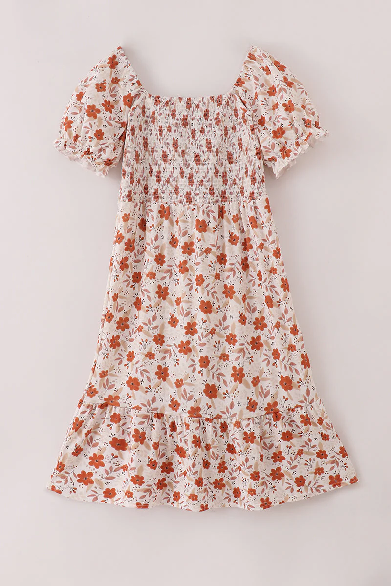 Fall floral print smocked mom dress