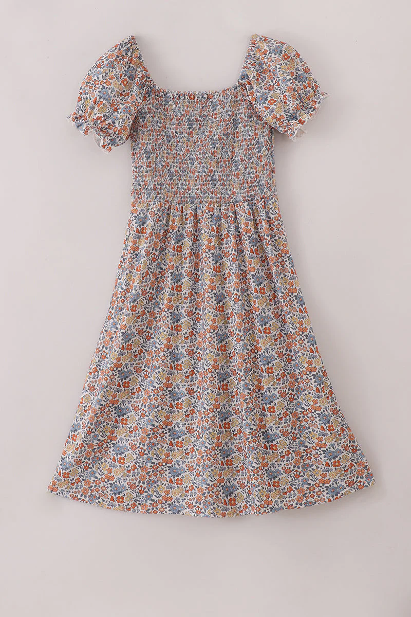 Fall floral print smocked mom dress