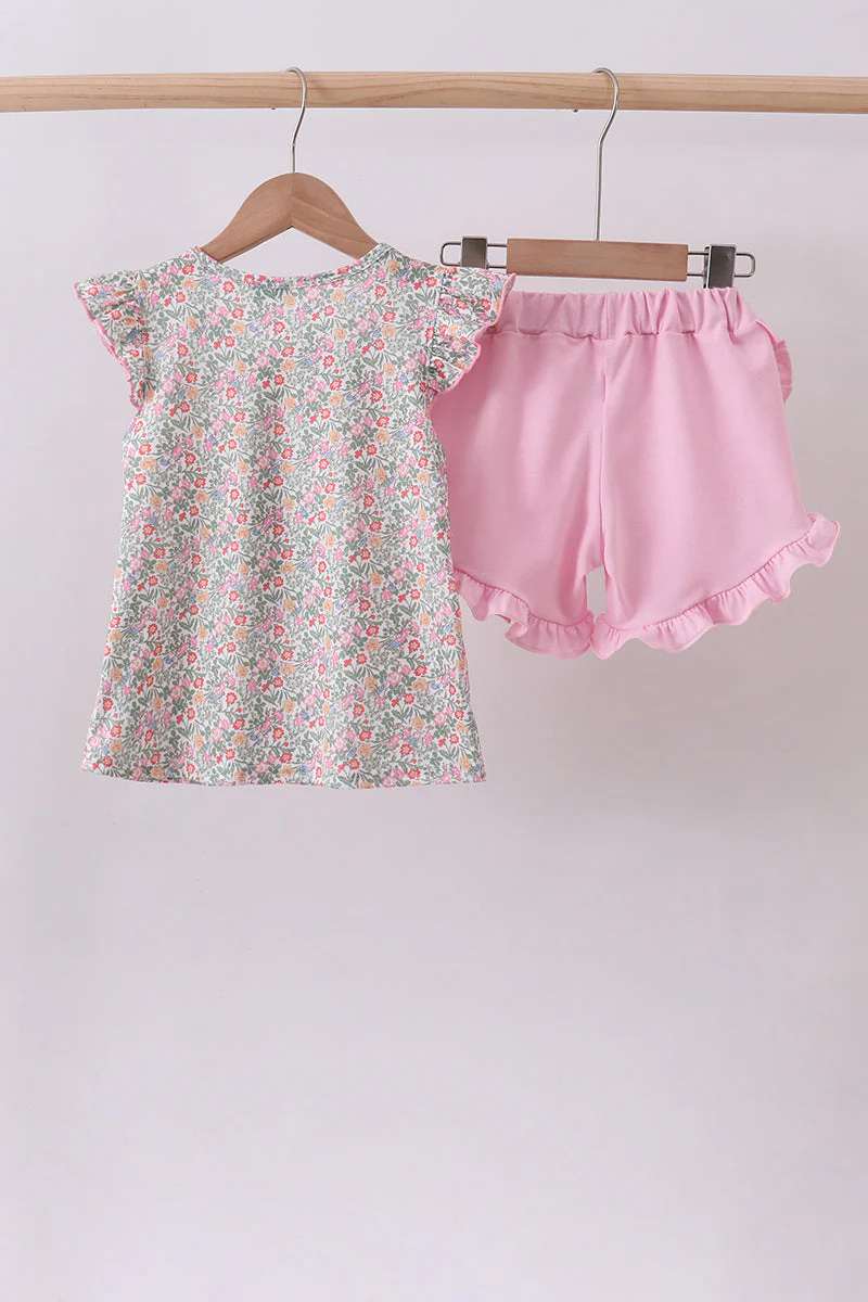 Floral bunny applique ruffle shorts set - Image 2