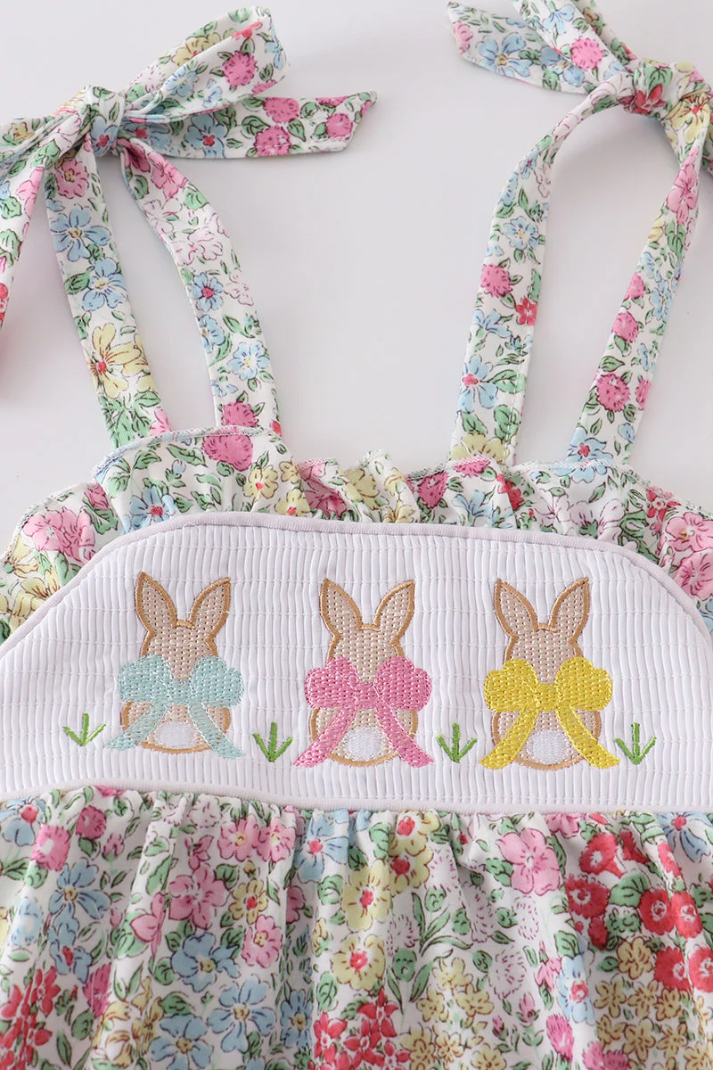 Floral print bunny embroidery smocked girl bubble - Image 2