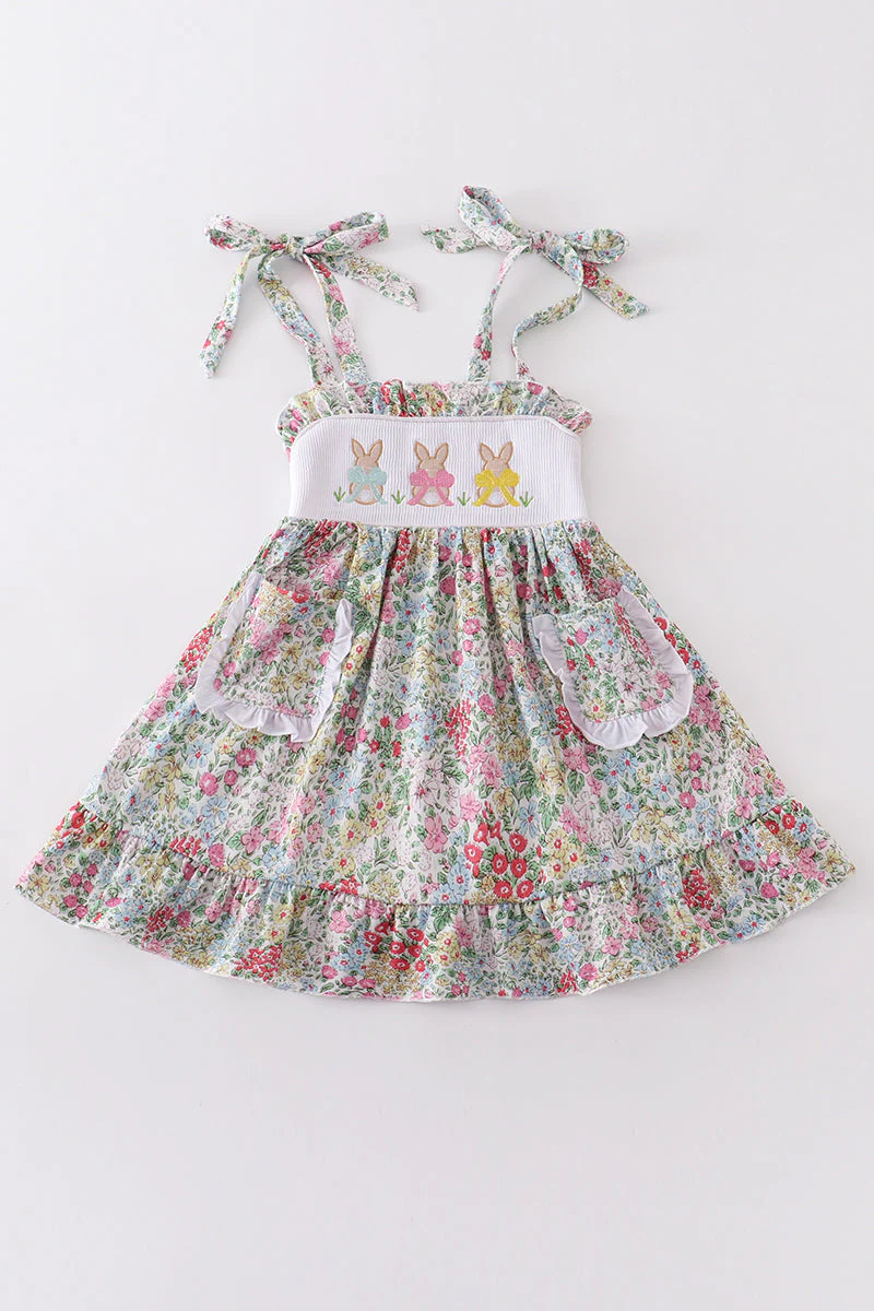 Floral print bunny embroidery smocked girl dress