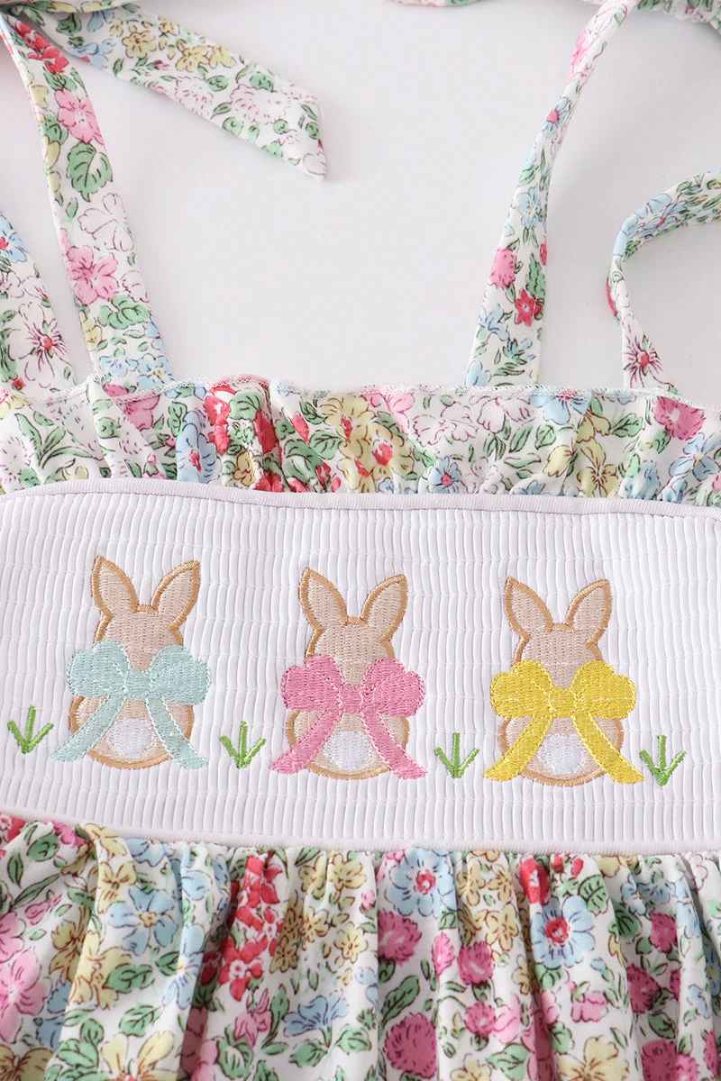 Floral print bunny embroidery smocked girl dress - Image 2