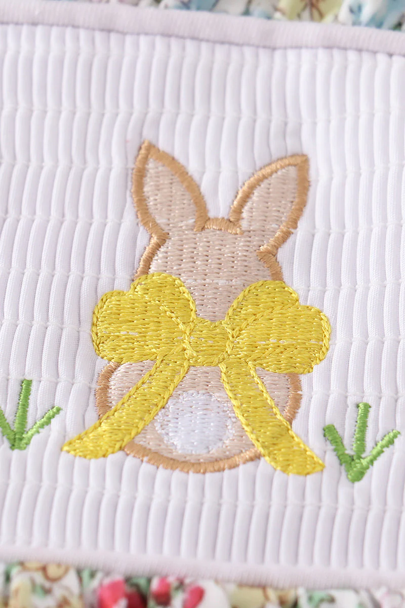 Floral print bunny embroidery smocked girl dress - Image 3