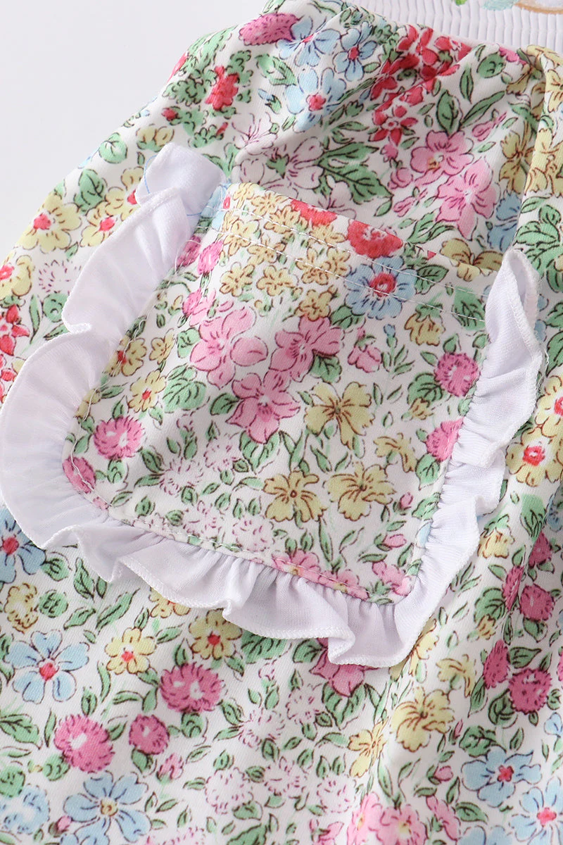 Floral print bunny embroidery smocked girl dress - Image 4
