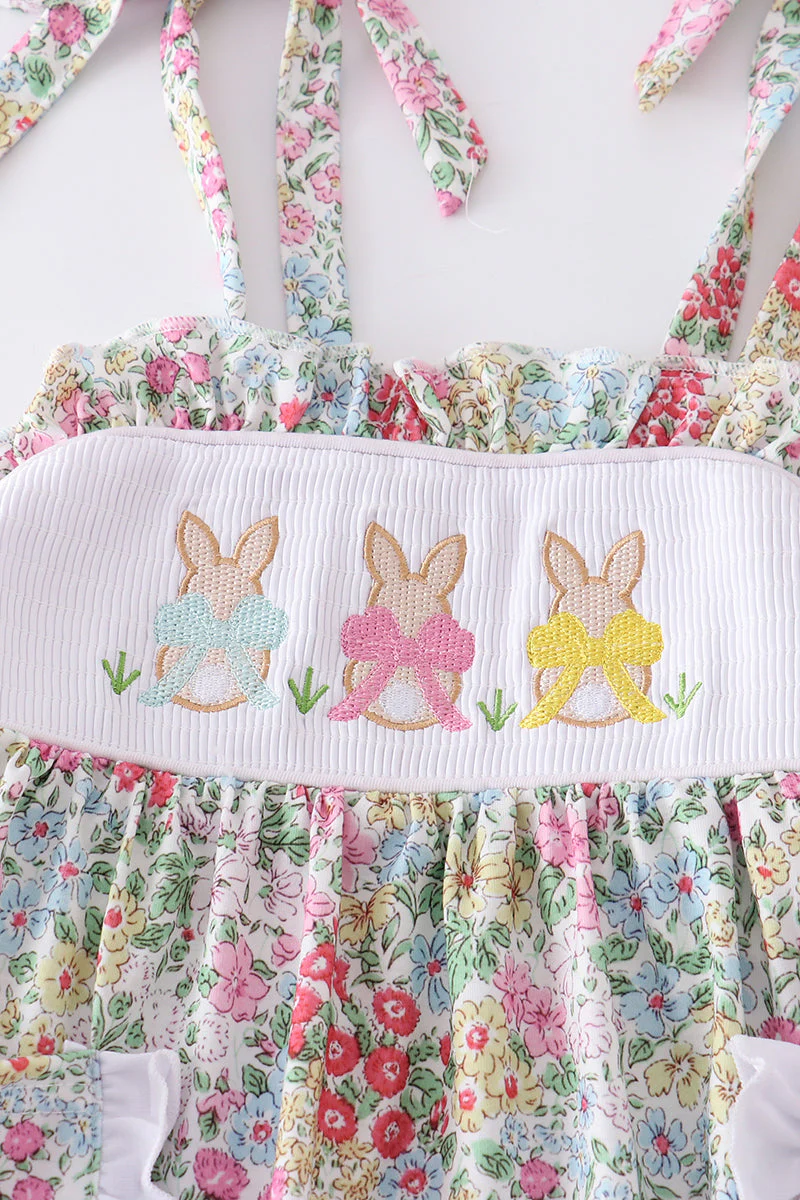 Floral print bunny embroidery smocked girl set - Image 2