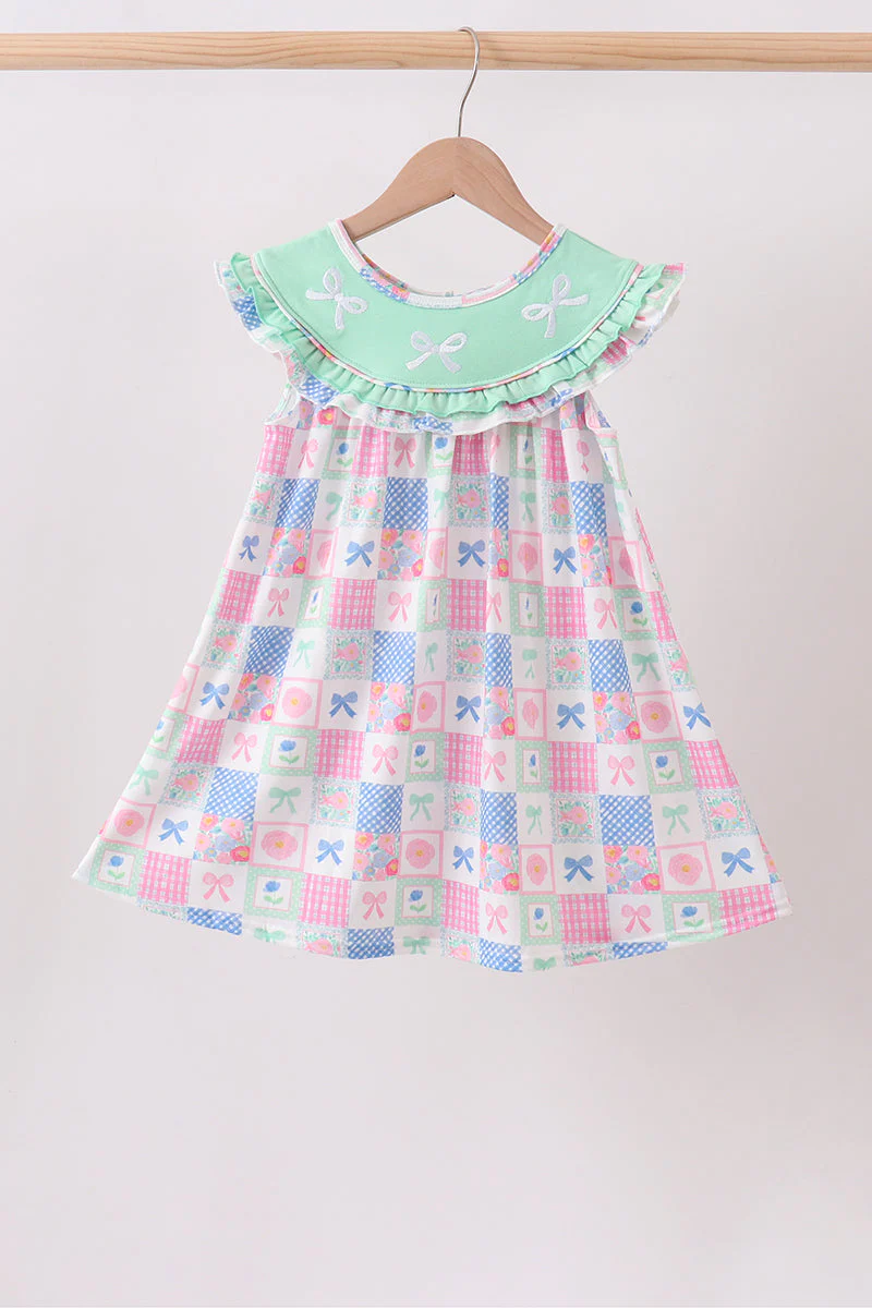 Green Bow Embroidered Checkered Dress