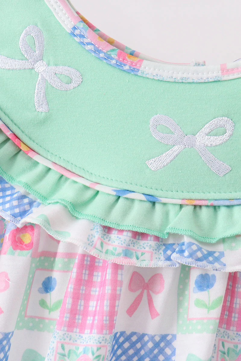 Green Bow Embroidered Checkered Dress - Image 2