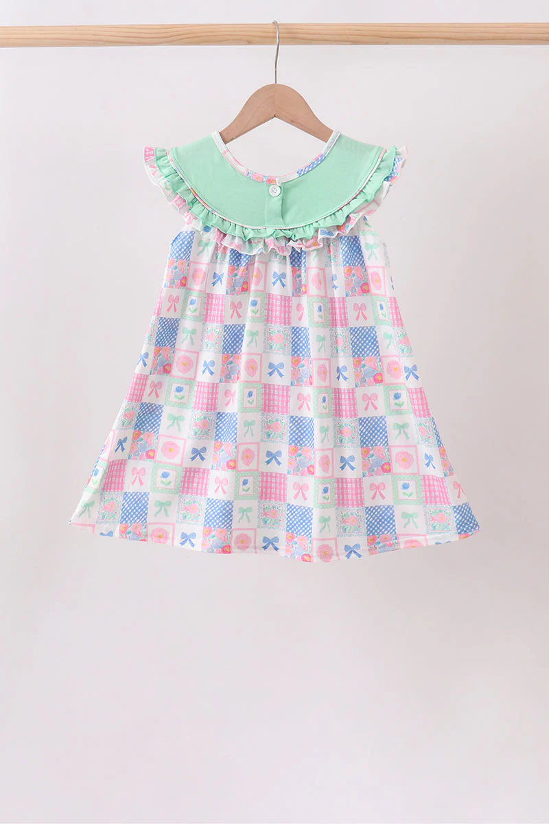 Green Bow Embroidered Checkered Dress - Image 4