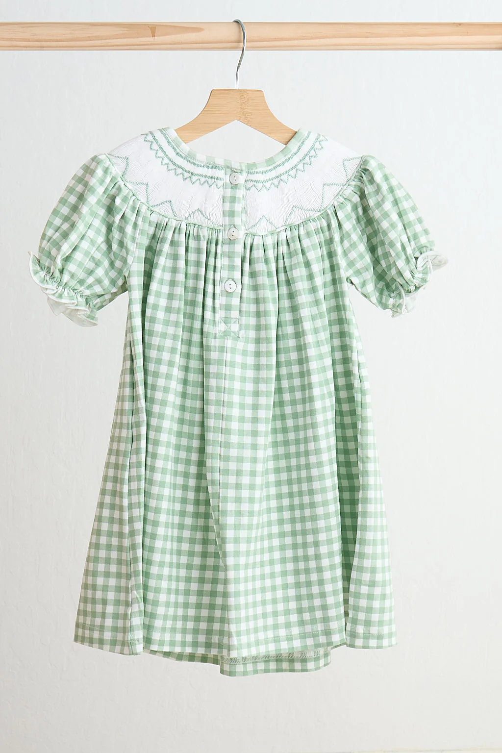 Green bow tie hand smocked gingham dress - Image 4