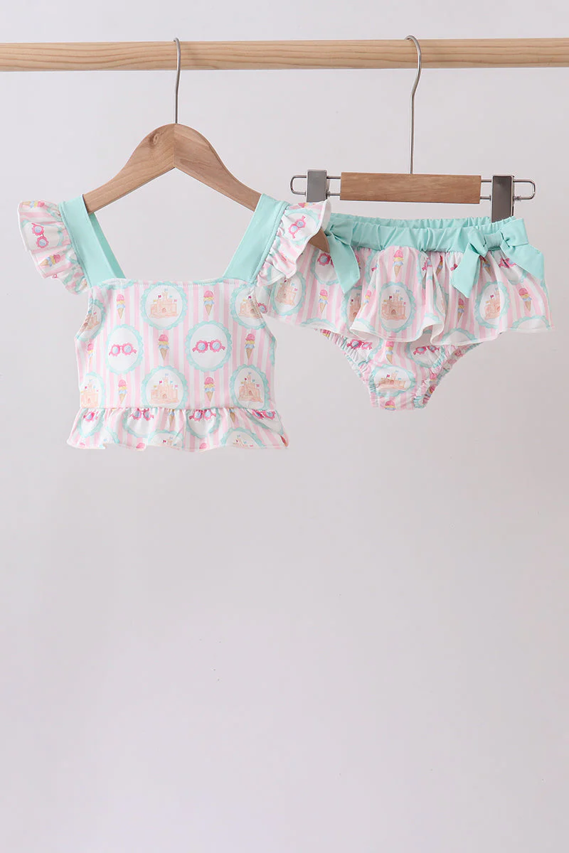 Green castle cream ruffle 2pc swimsuit