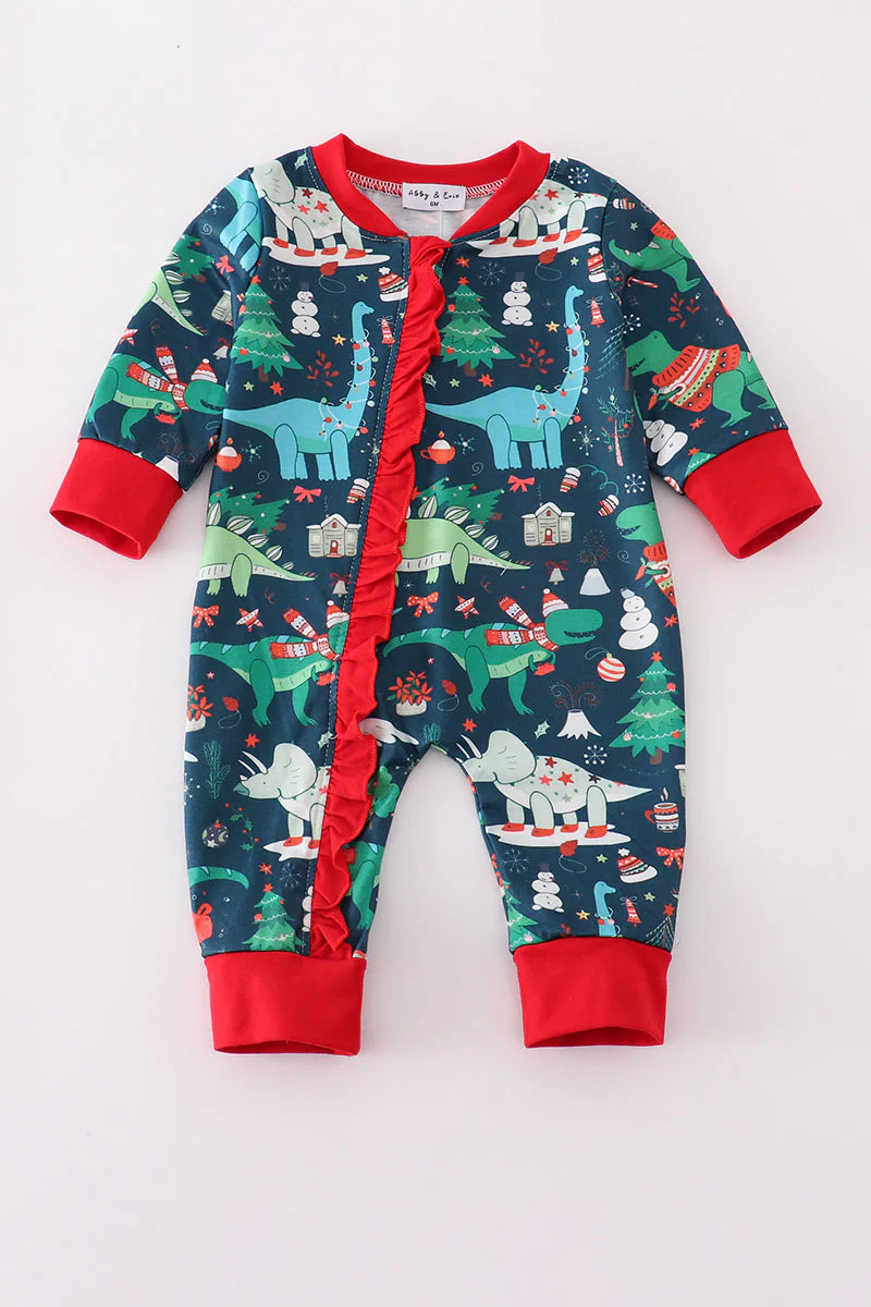 Green dinosaur print ruffle romper