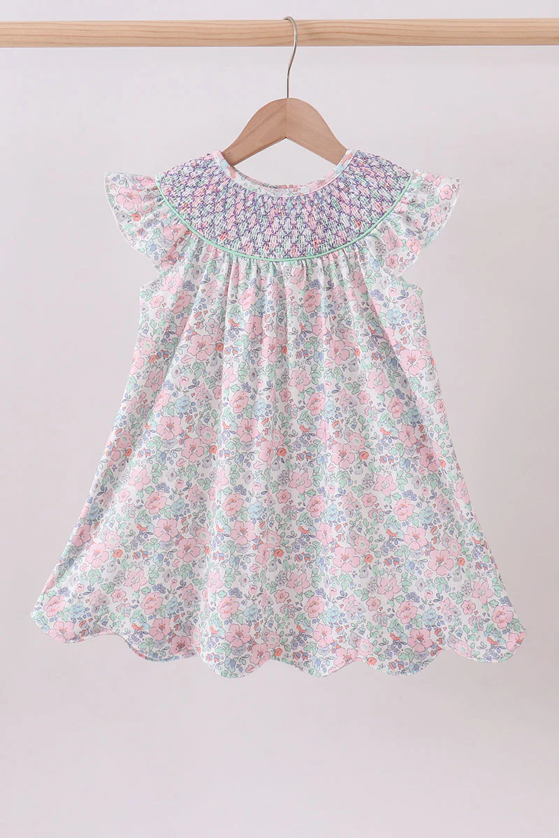 Green Floral Smocked Dress