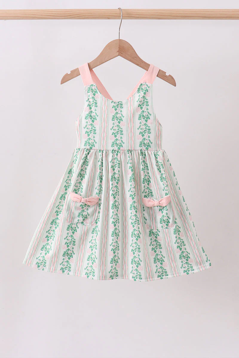 Green floral stripe pocket dress