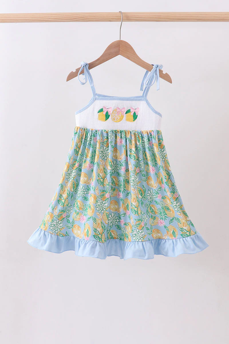 Green lemon smocked ruffle dress
